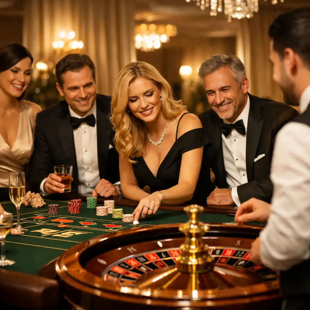 Kameralna noc casino z gośćmi przy stołach blackjacka i pokera w ciepłym świetle