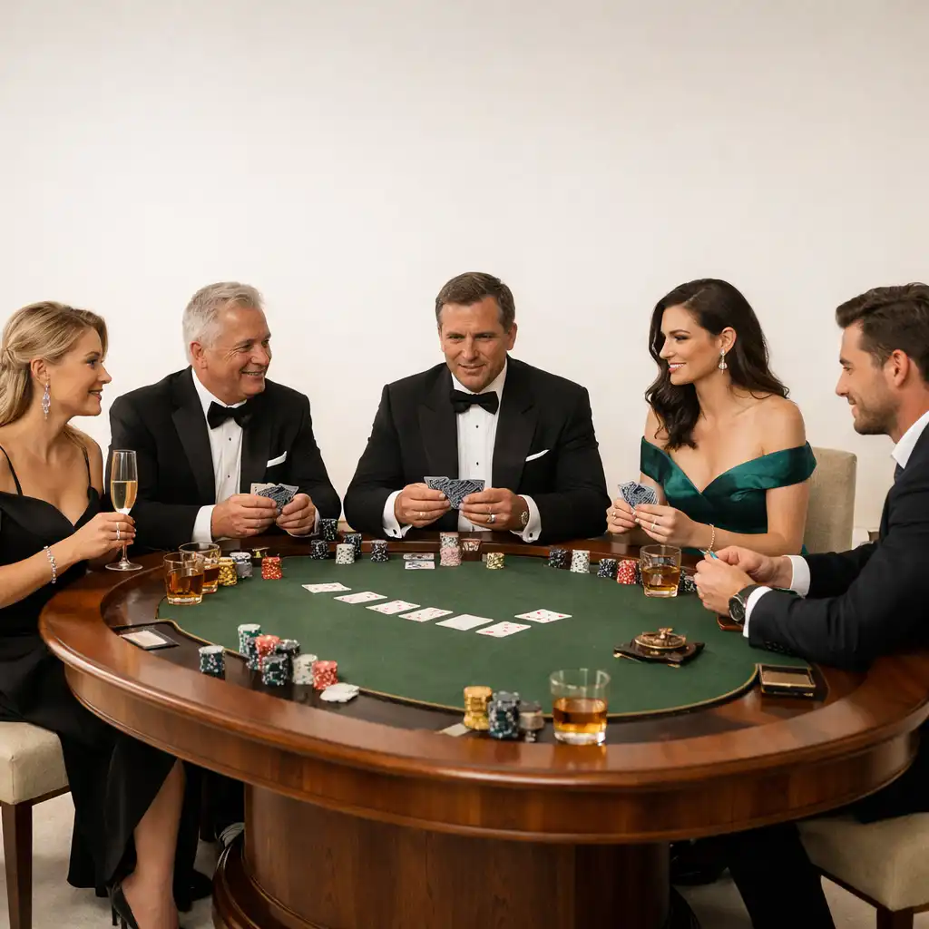 Elegancka scena pokerowa przy drewnianym stole w luksusowym polskim wnętrzu