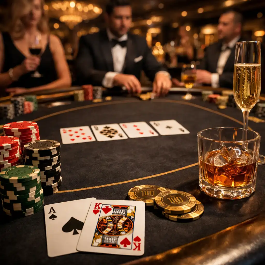 Stół pokerowy przygotowany na ekskluzywny turniej z elegancką oprawą