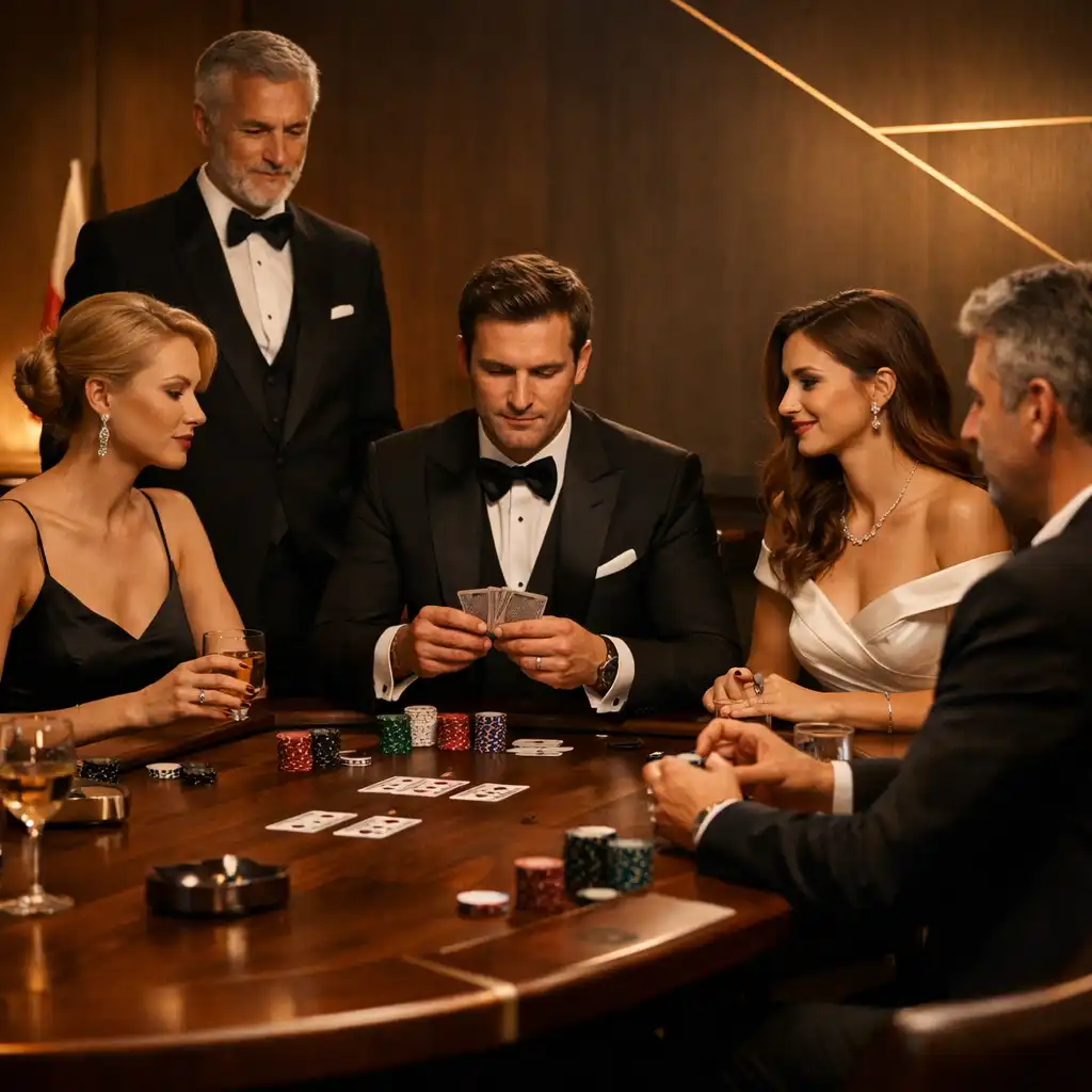 Eleganccy goście przy drewnianym stole pokerowym w nastrojowym, luksusowym wnętrzu w Polsce