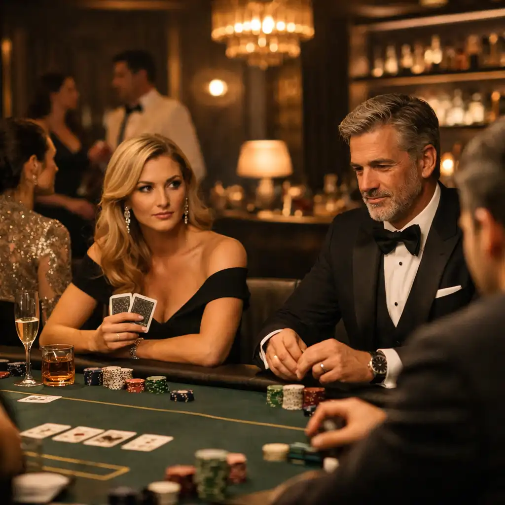 Goście podczas eleganckiego turnieju pokerowego w nastrojowym wnętrzu
