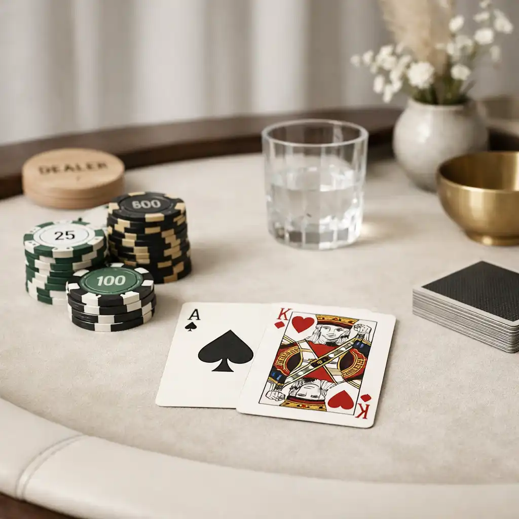 Elegancko przygotowany stół pokerowy z kartami i żetonami premium